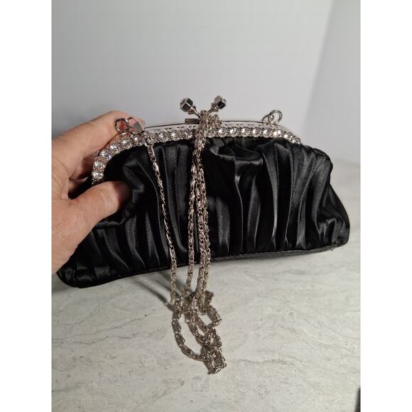 New Black Evening Bag with Sliver Chain One Pocket Rhinestones Around Front. - Picture 1 of 6